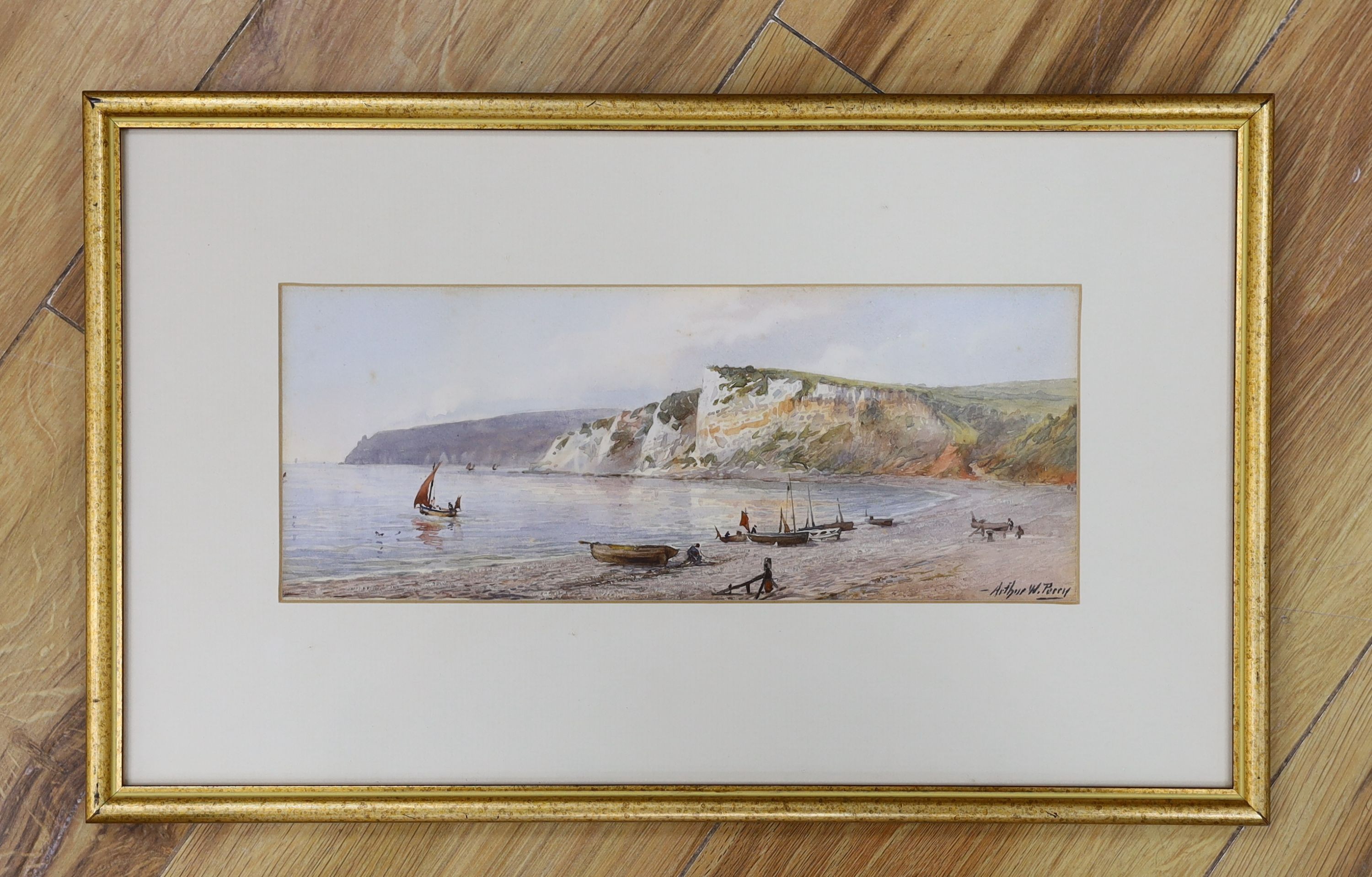 Arthur W. Perry (1908-1939), watercolour, Fishing boats on the shore, signed, 12 x 29cm